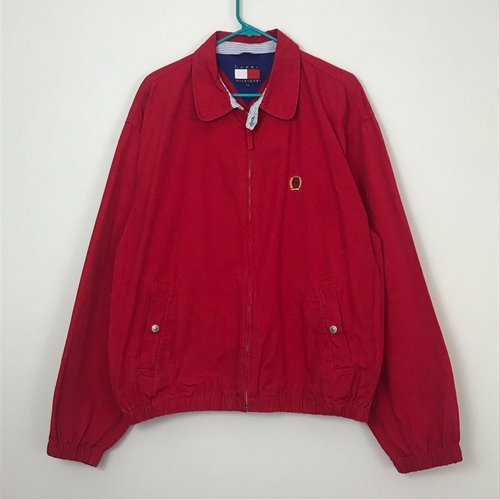 Vintage 90's Tommy Hilfiger Crest Harrington Jacket Red Bomber Zip Front Mens LG